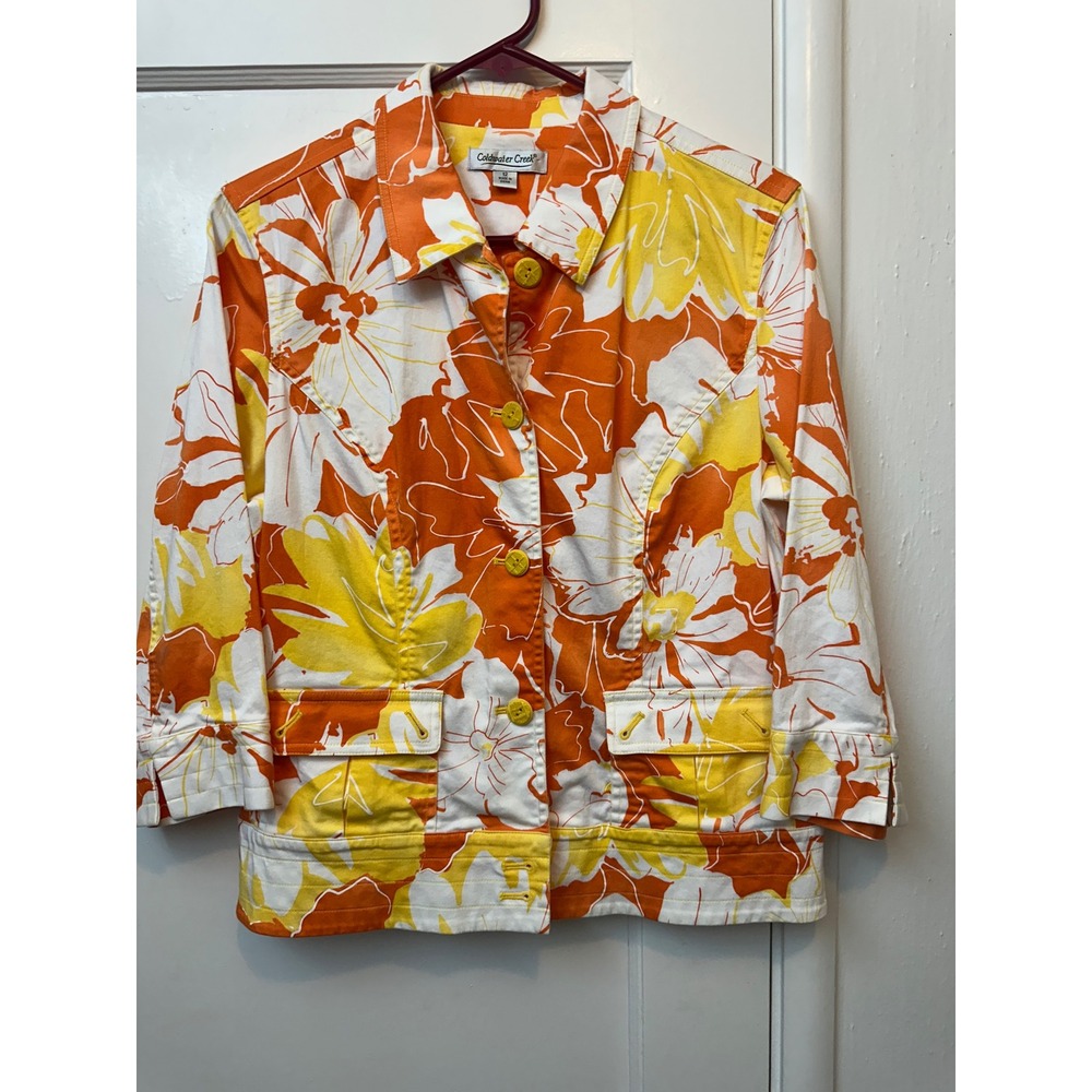 Coldwater Creek Womensโ 12 Floral Jacket Orange Yellow Cotton Blend 3/4 Sleeve